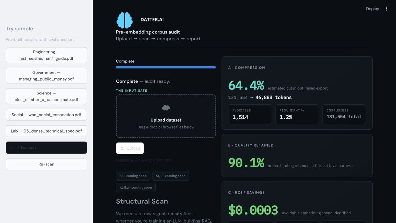 Datter AI experimental corpus-audit dashboard