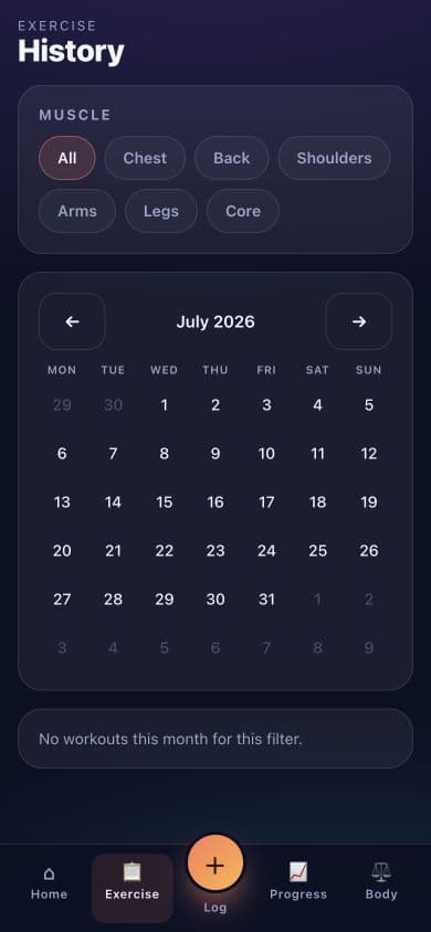 Empty Lift Log exercise-history calendar in mock mode