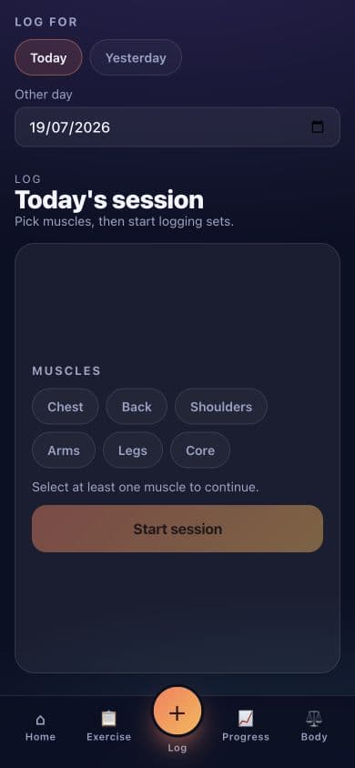 Empty Lift Log session screen in mock mode