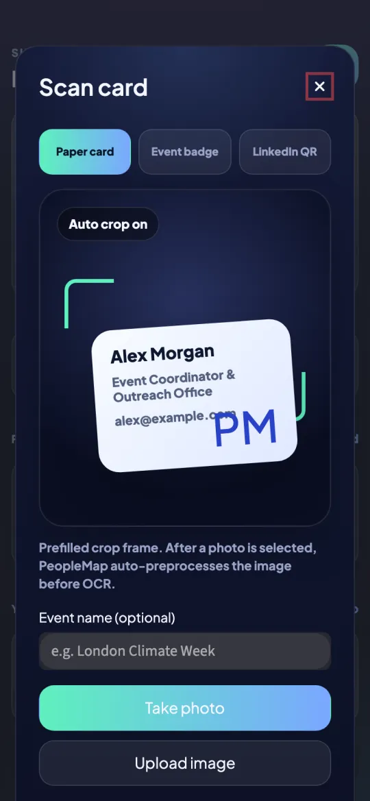 PeopleMap card-capture interface showing a fictional business card inside the local preprocessing frame