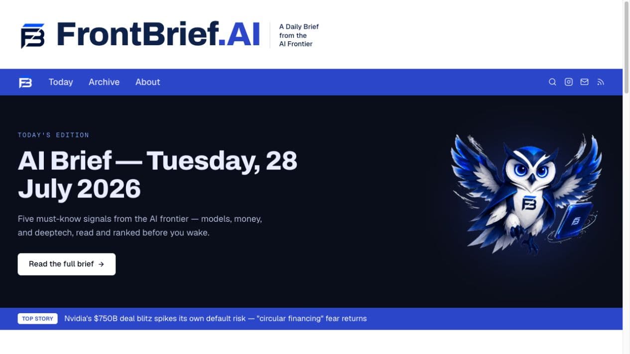 FrontBrief.AI homepage showing the daily edition and editorial identity