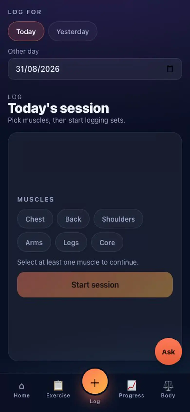 Tharm Lift Log mock-mode interface on a phone, with no personal training data