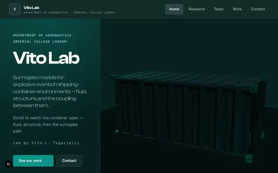 Vito Lab interface showing a scroll-driven three-dimensional container research story