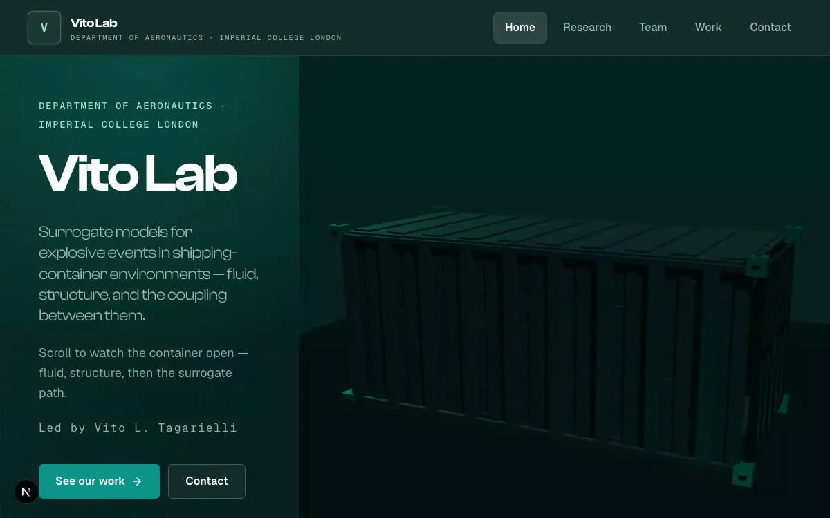 Vito Lab interface showing a scroll-driven three-dimensional container research story